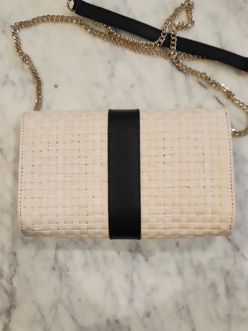 White House Black Market Cream Woven Clutch with Black Leather Strap - Picture 5 of 5